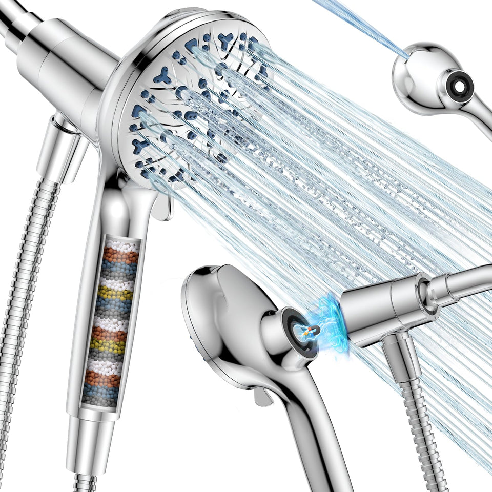 DAKINGS high pressure filtered shower head handheld front view showing strong flow and filtration