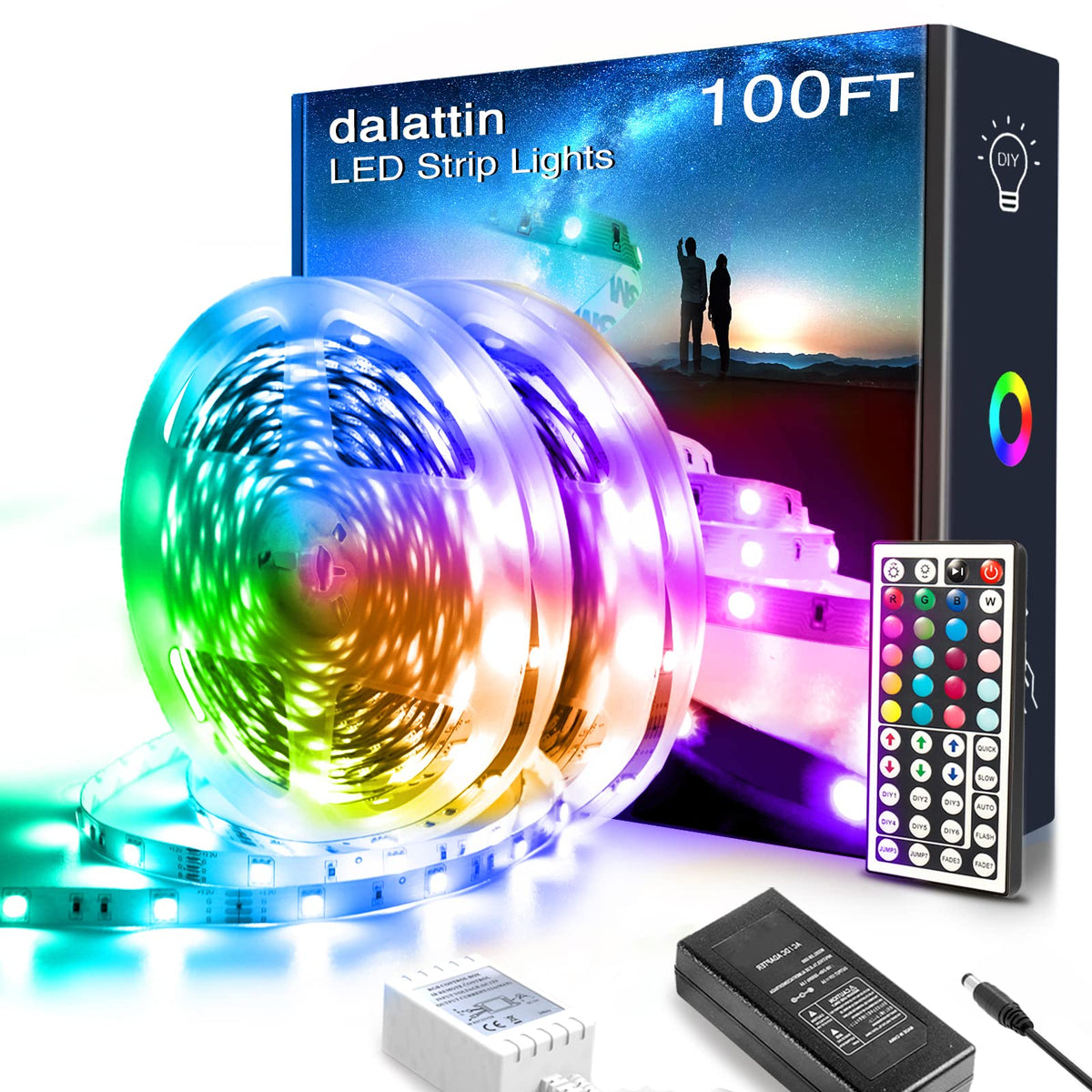 Dalattin 100ft LED strips arranged around a room for expansive bedroom lighting.