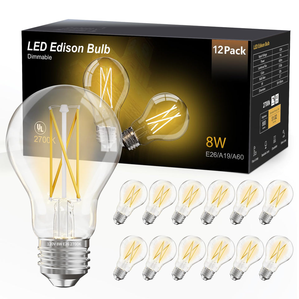 Dalattin 12-pack A19 vintage LED Edison bulbs illuminate chandeliers with warm, nostalgic glow.