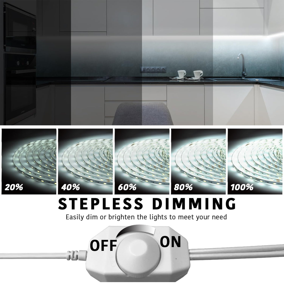 Dalattin 24V dimmable LED strip with included dimmer for adjustable brightness.