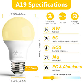 Dalattin A19 LED bulbs emitting 800 lumens in a warm 3000K glow.
