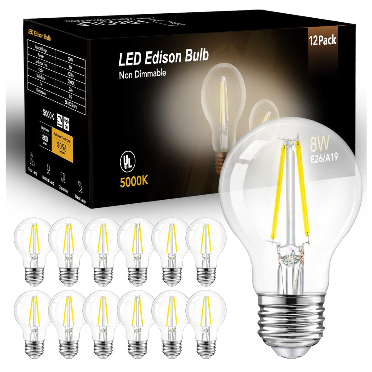 Dalattin A19 vintage LED bulb with clear glass filament for chandelier ambience