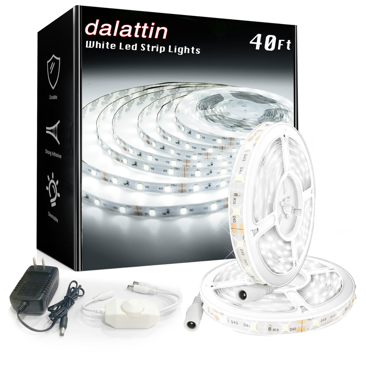 Dalattin white LED strip lights, 40ft length, versatile daylight room illumination.