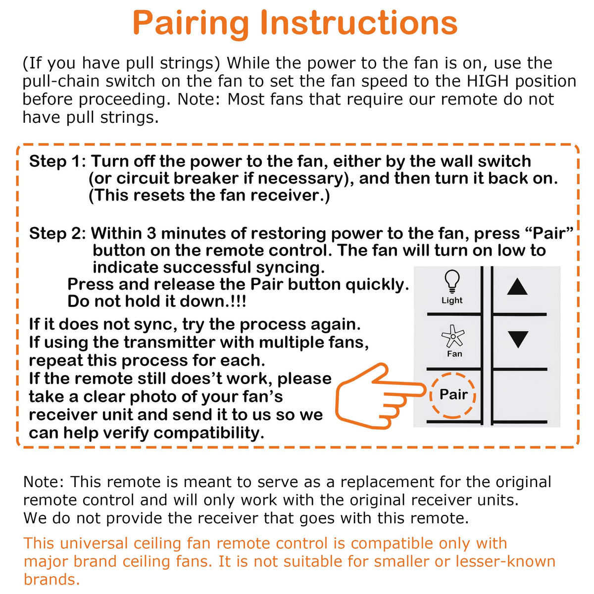 DALAZHAER pairing step one image showing reset of the fan receiver