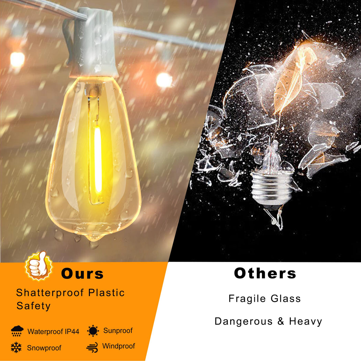 DAMAING weatherproof patio lights withstand rain and snow for year-round use.