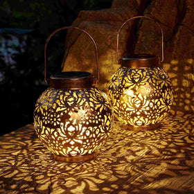 Damayca bronze solar lantern hanging with flower cut-out shadows for garden ambiance