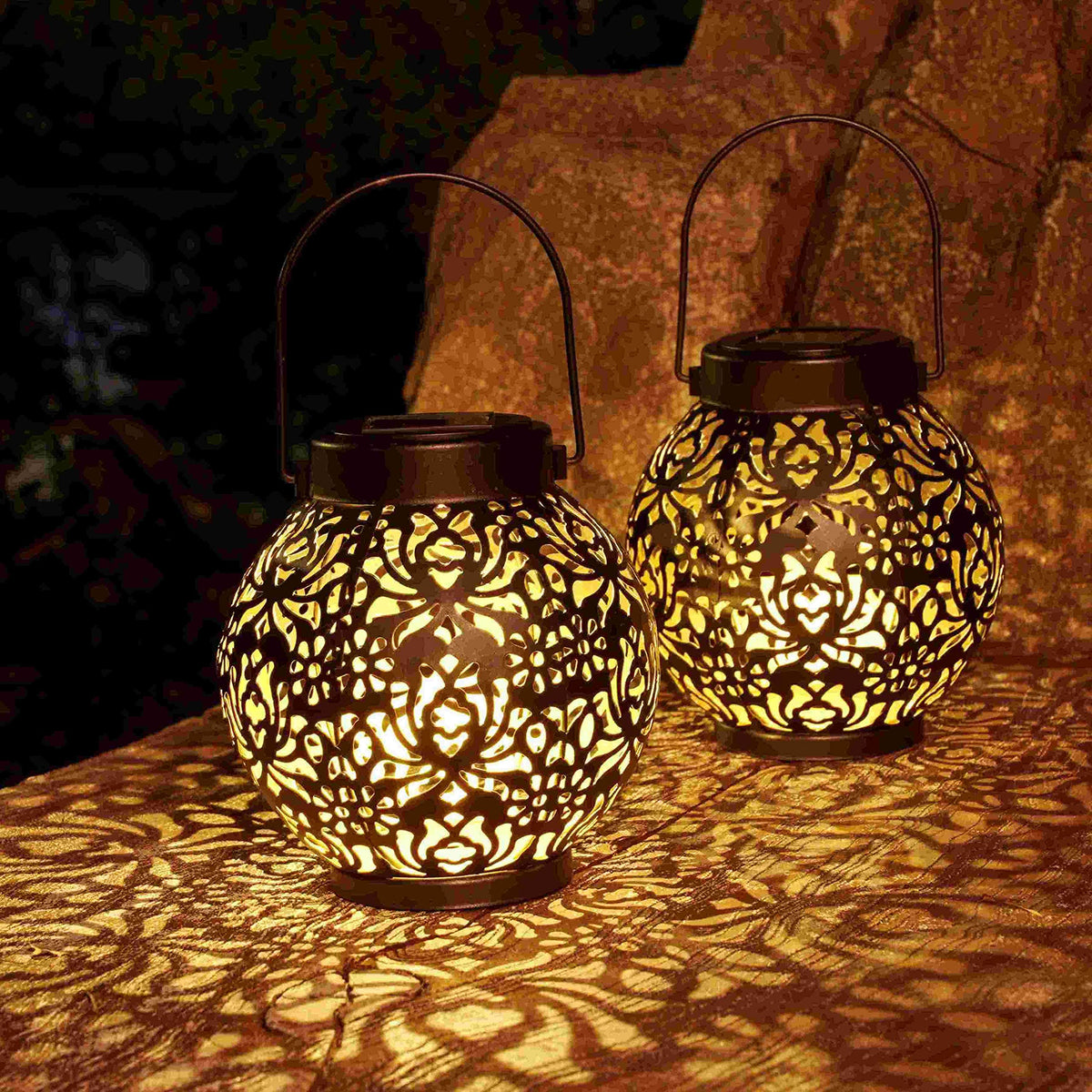 DAMAYCA solar lantern with flower-cutout shadow in black for outdoor ambience