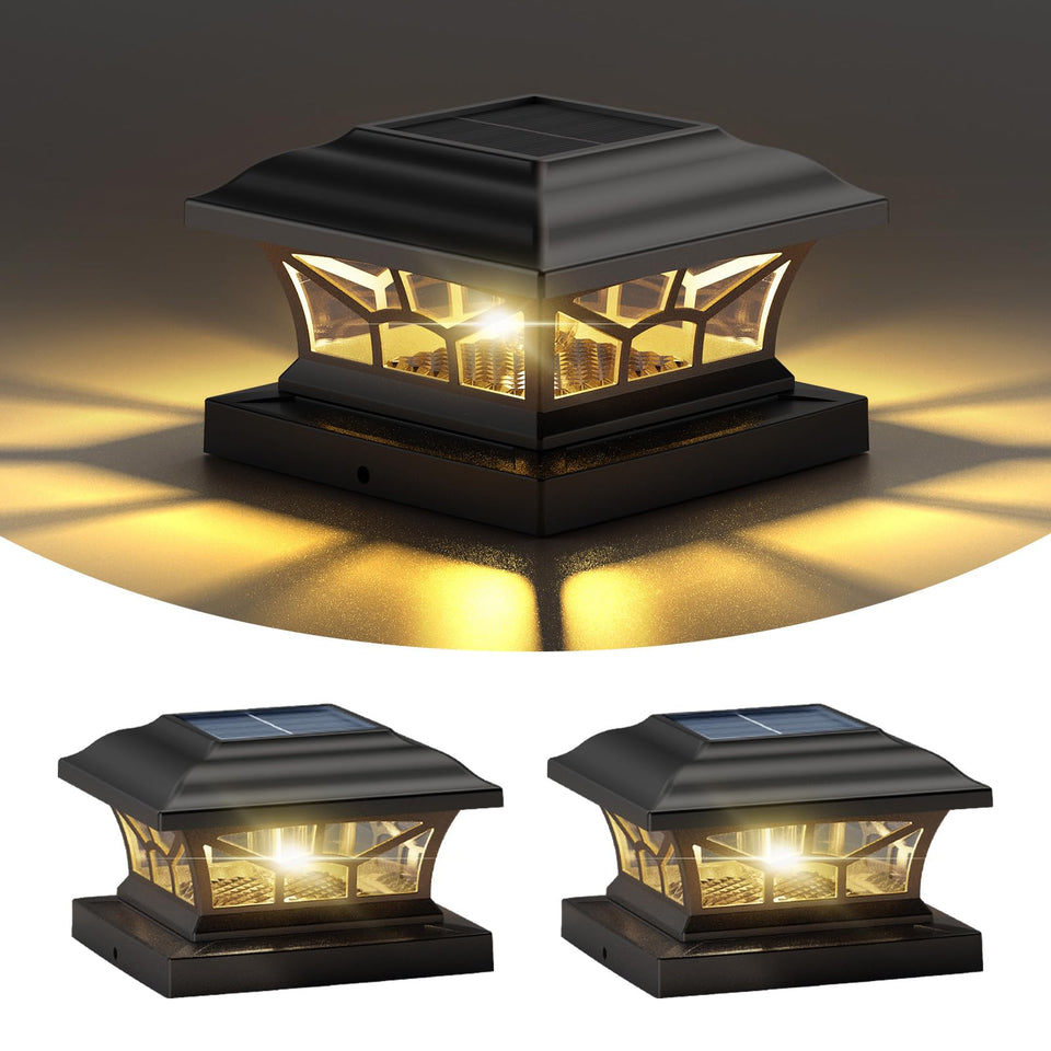 DAMAYCA solar post cap light on a 4x4 wood post for warm ambience.