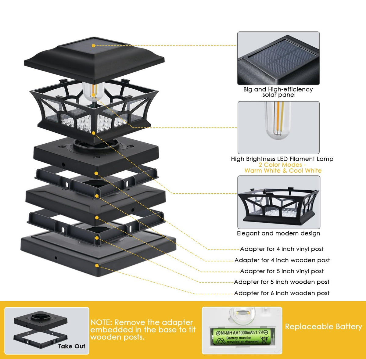 DAMAYCA solar post cap light on a vinyl 5x5 post for durable outdoor illumination.