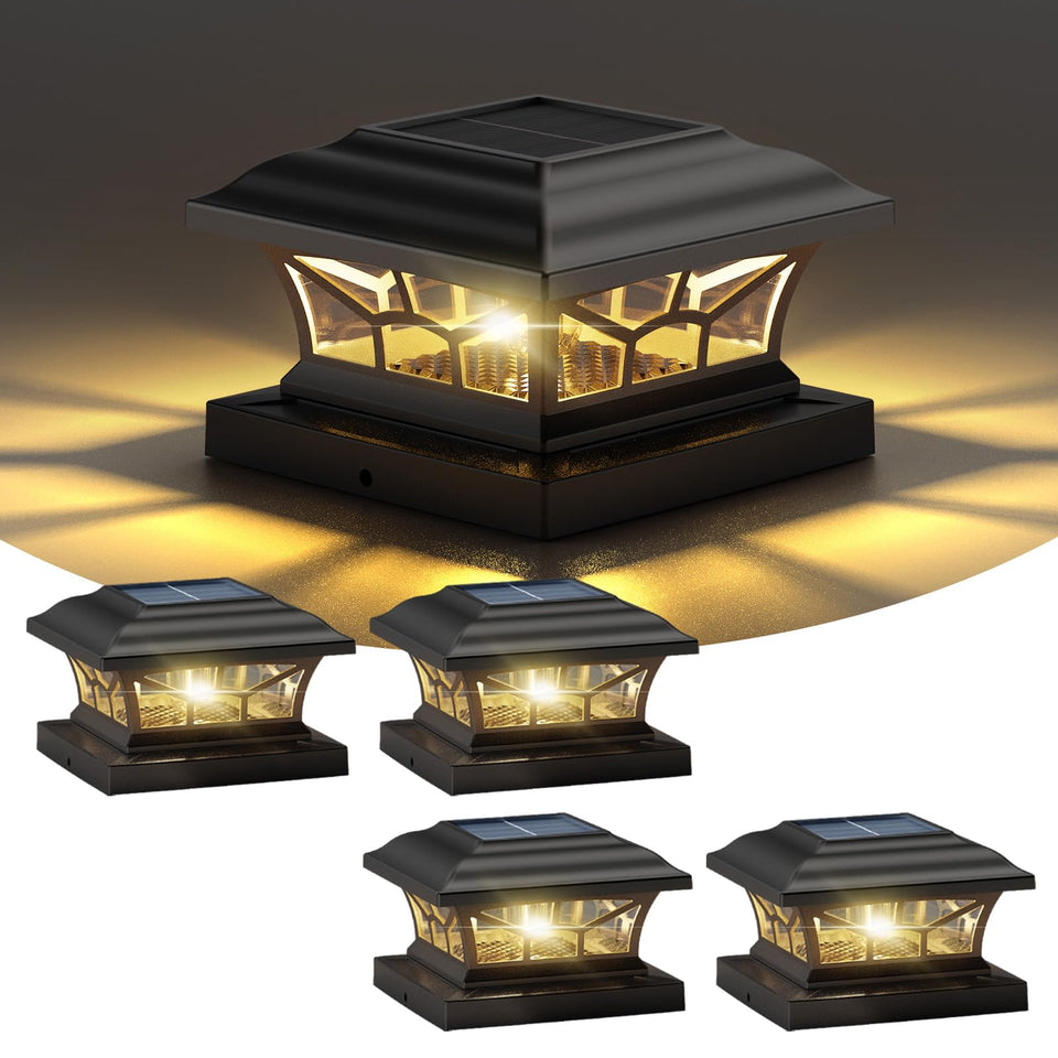 DAMAYCA solar post cap light with warm white glow on a post for evening ambiance.