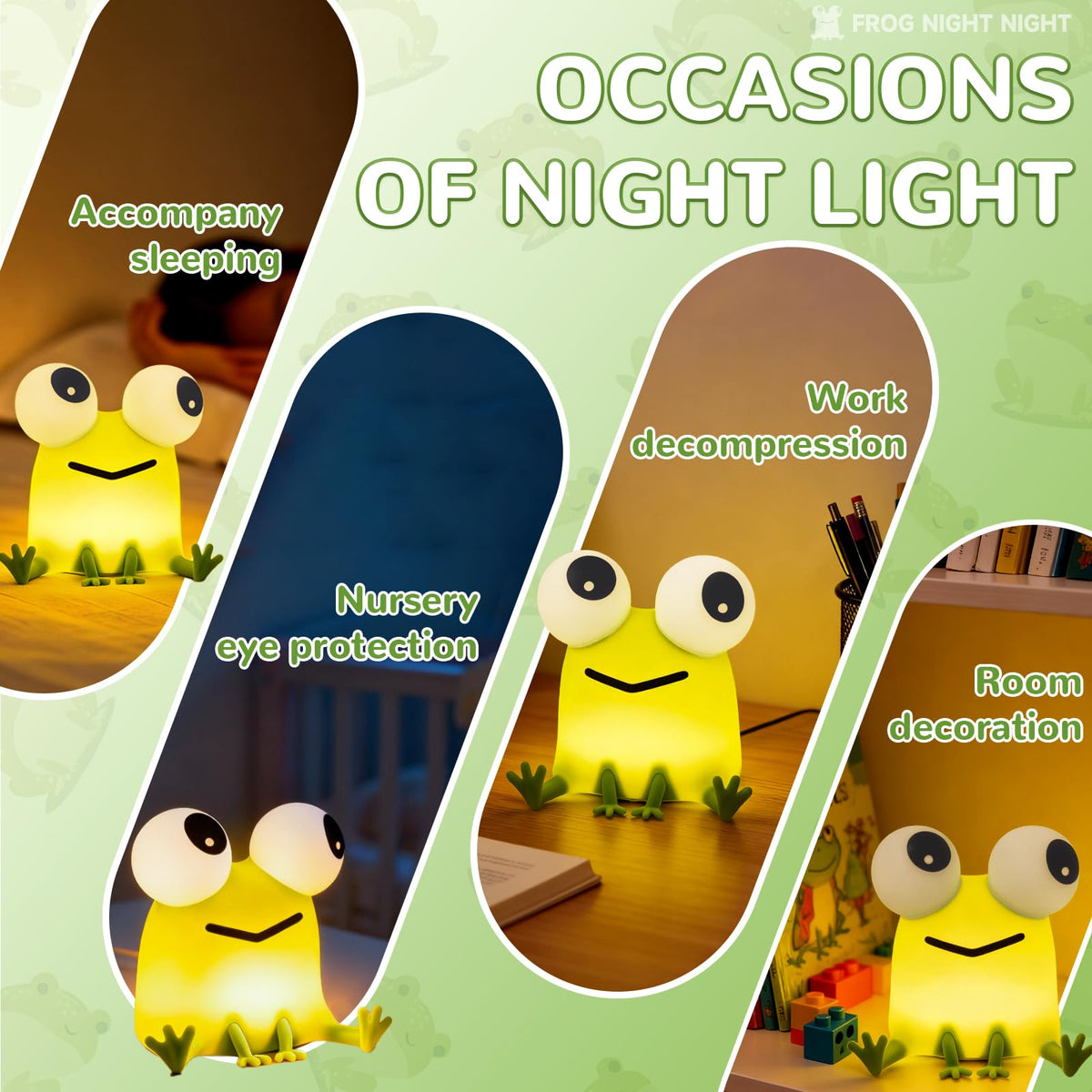 DAMELYN Frog Night Light silicone feet used as a phone stand.