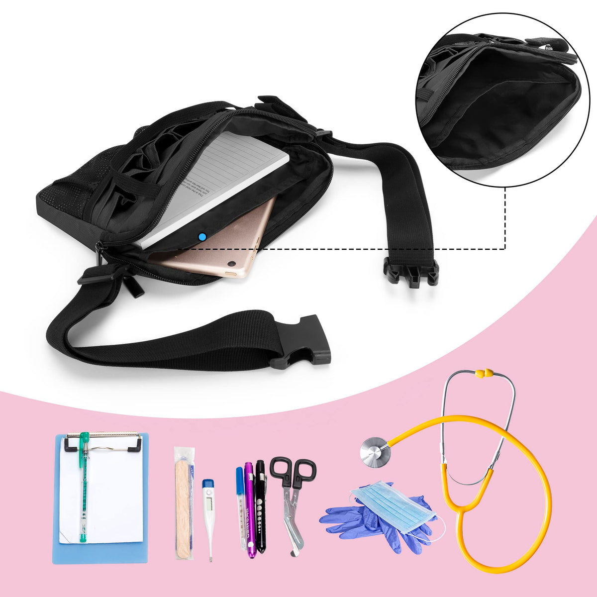 Damero Nurse Fanny Pack mesh pockets organize pens and thermometers securely