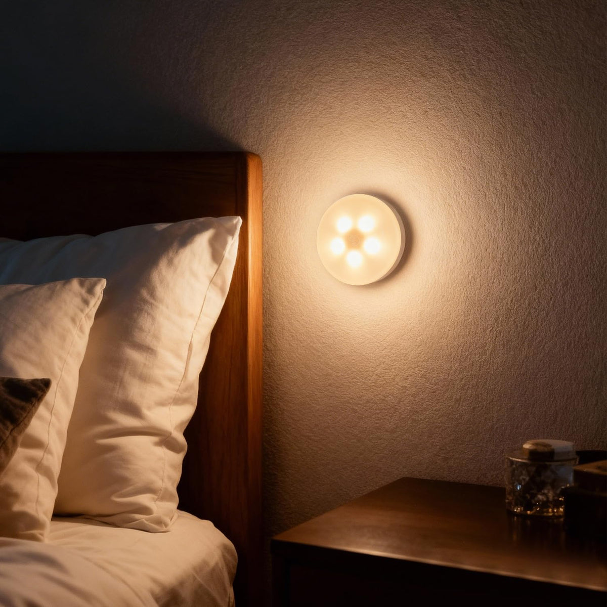 DAMI shelf-display puck light highlights decor and collectibles.