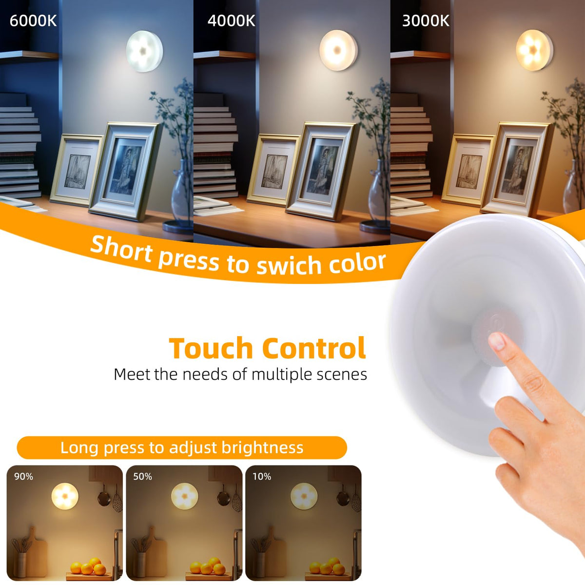 DAMI under-cabinet puck light illuminates kitchen work surfaces.
