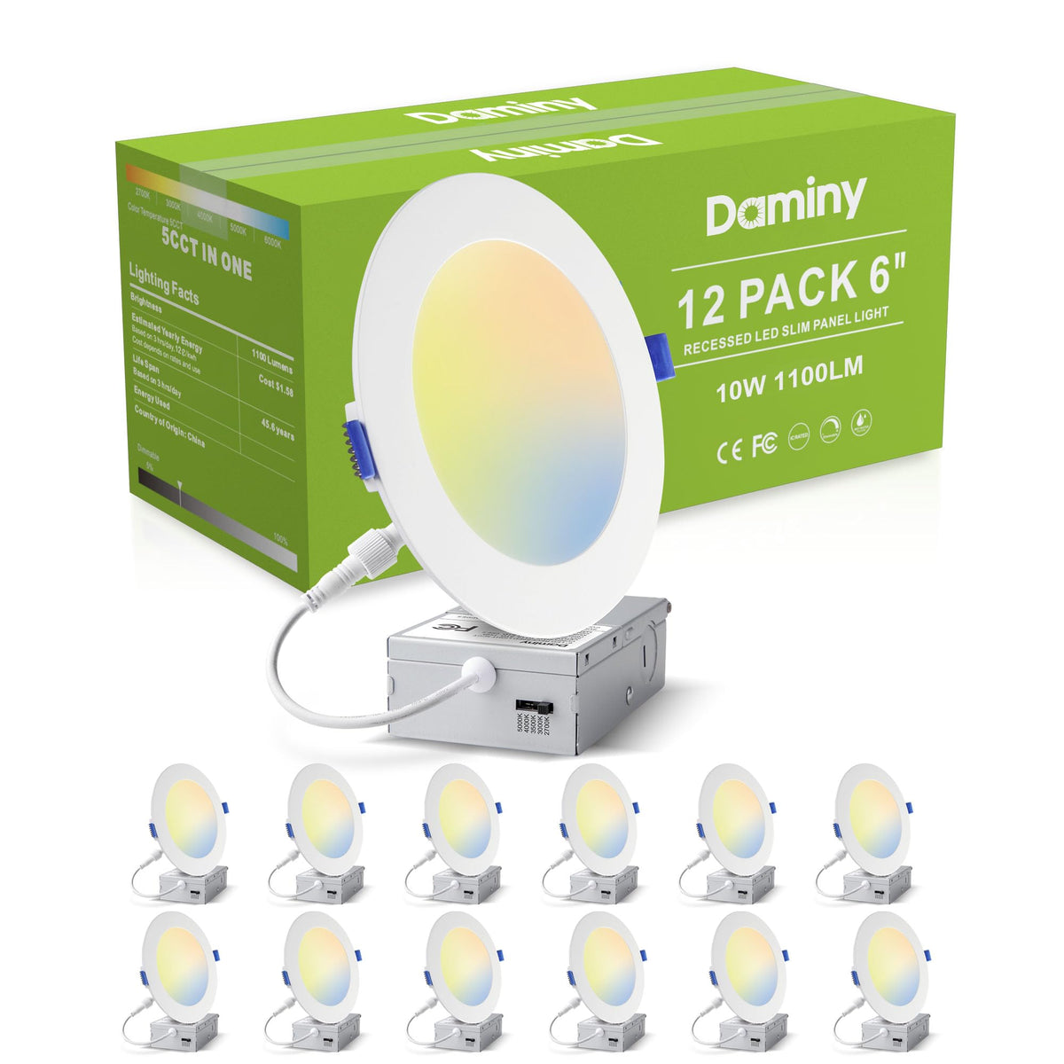 DAMINY 12-pack 6-inch LED recessed lighting for retrofit ceilings.