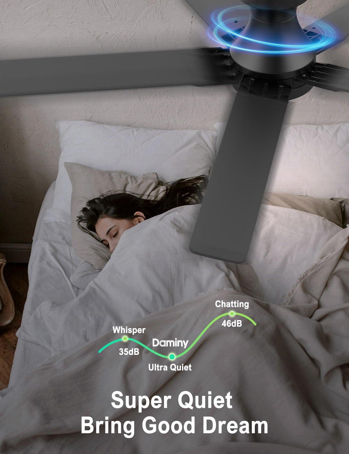DAMINY quiet DC motor delivers near silent airflow for peaceful rooms