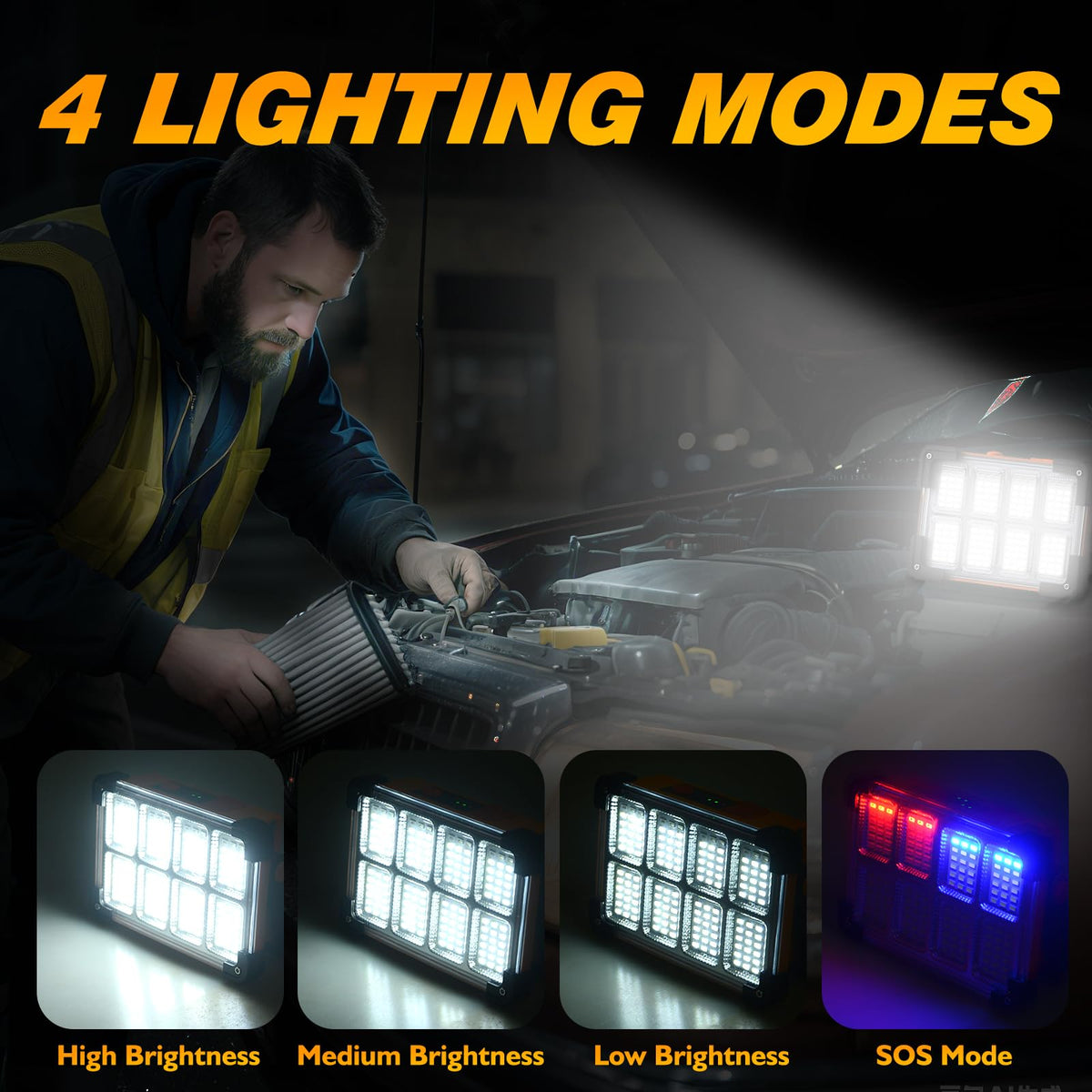 DANCINGBOAR 10000lm brightness shown in a dim workshop setting.