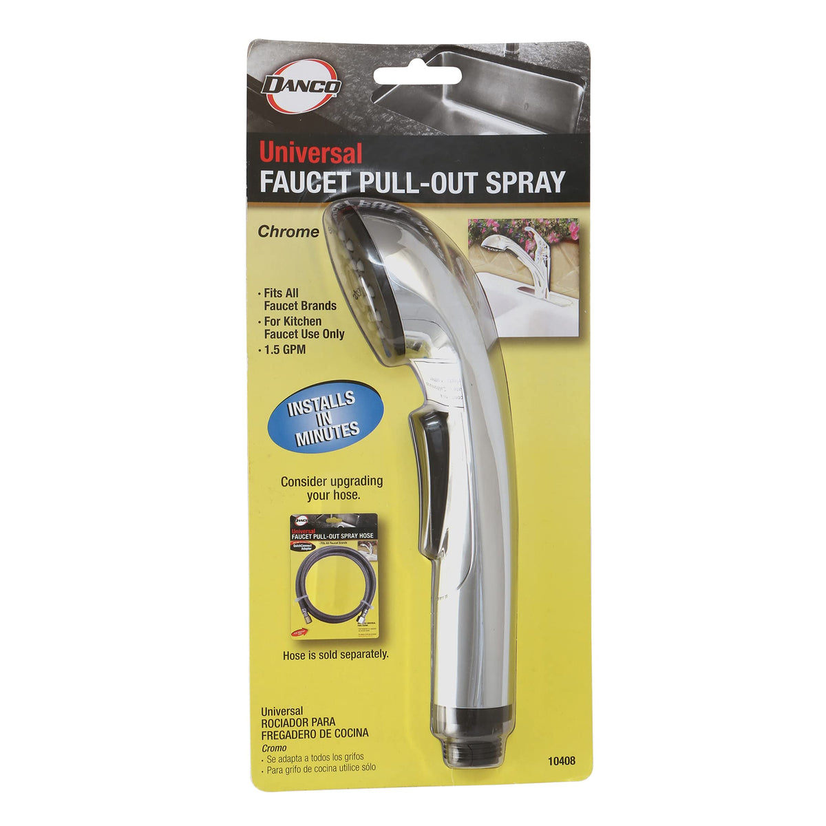 Danco 10408 chrome pullout spray head shown with hose attachment option.
