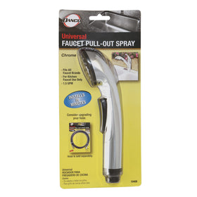 Danco 10408 chrome pullout spray head shown with hose attachment option.