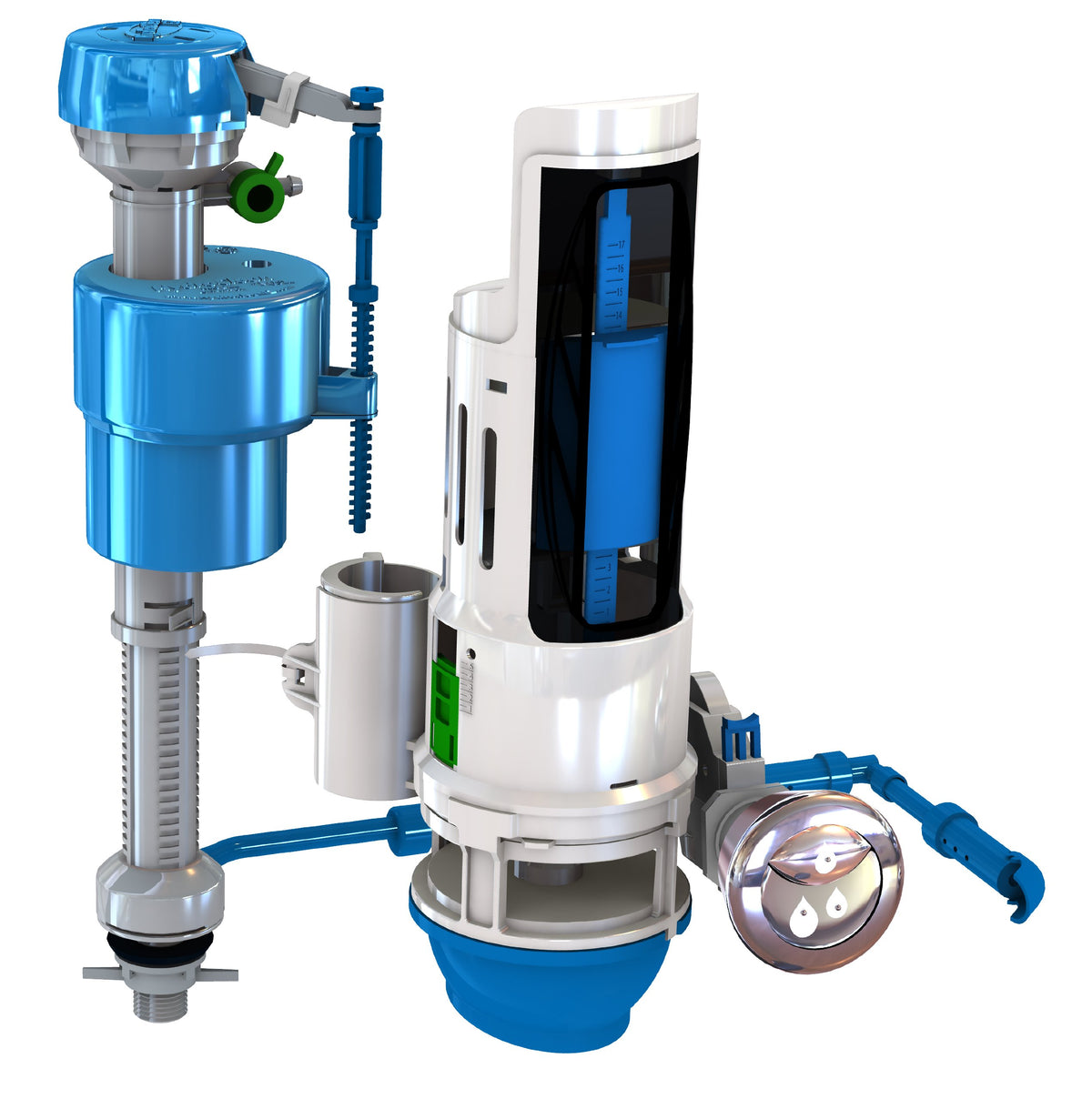 Danco HydroRight dual-flush converter inside tank saves water.