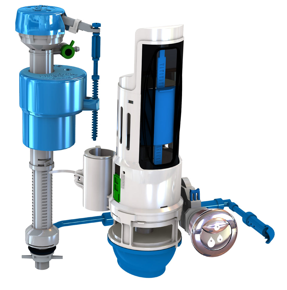 Danco HydroRight dual-flush converter inside tank saves water.