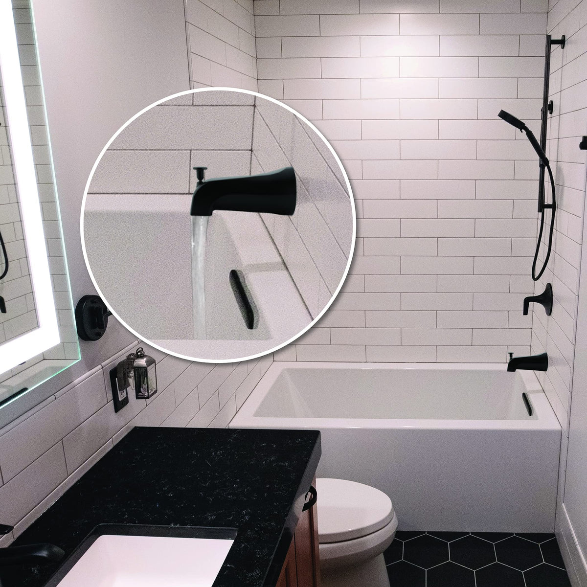 Danco matte black tub spout finish detail emphasizes sleek bathroom update.