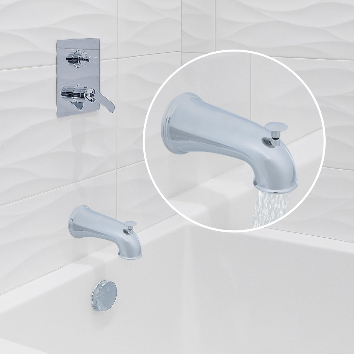 DANCO chrome tub spout pull-up diverter demonstrates easy replacement in a modern bathroom.