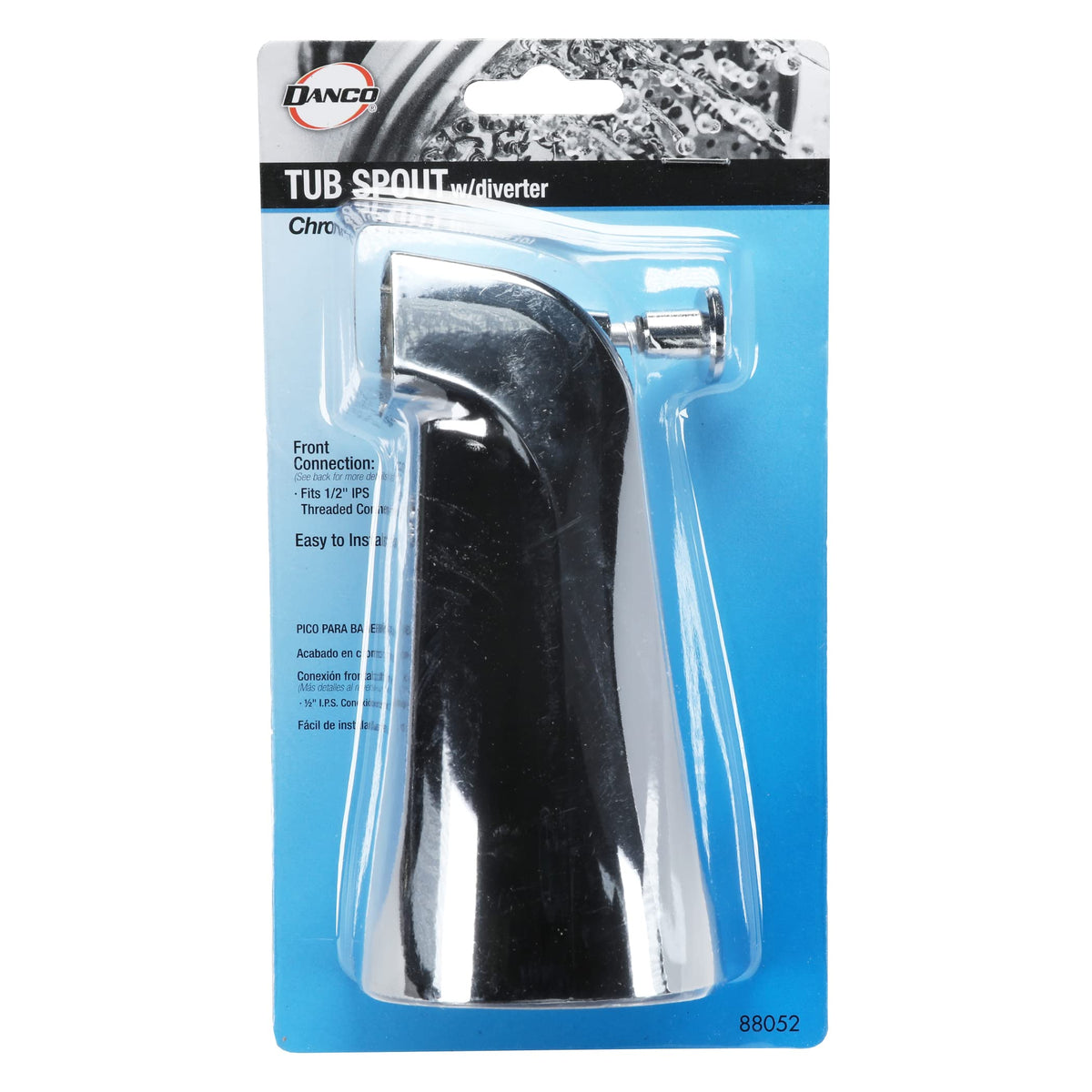 Danco tub spout works with most threaded pipes for easy DIY replacement.
