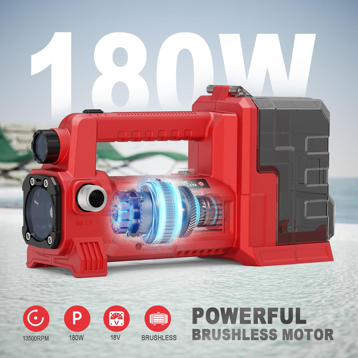 Danero 180W brushless motor delivers efficient pumping at high speed for quick transfers.