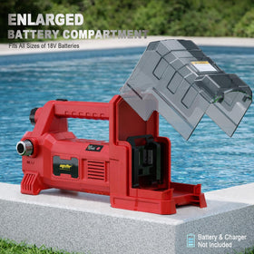 Danero self-priming water pump setup for easy draining of pools and ponds.