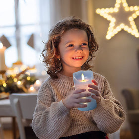 danip Sky Blue LED candle showing timer function and brightness