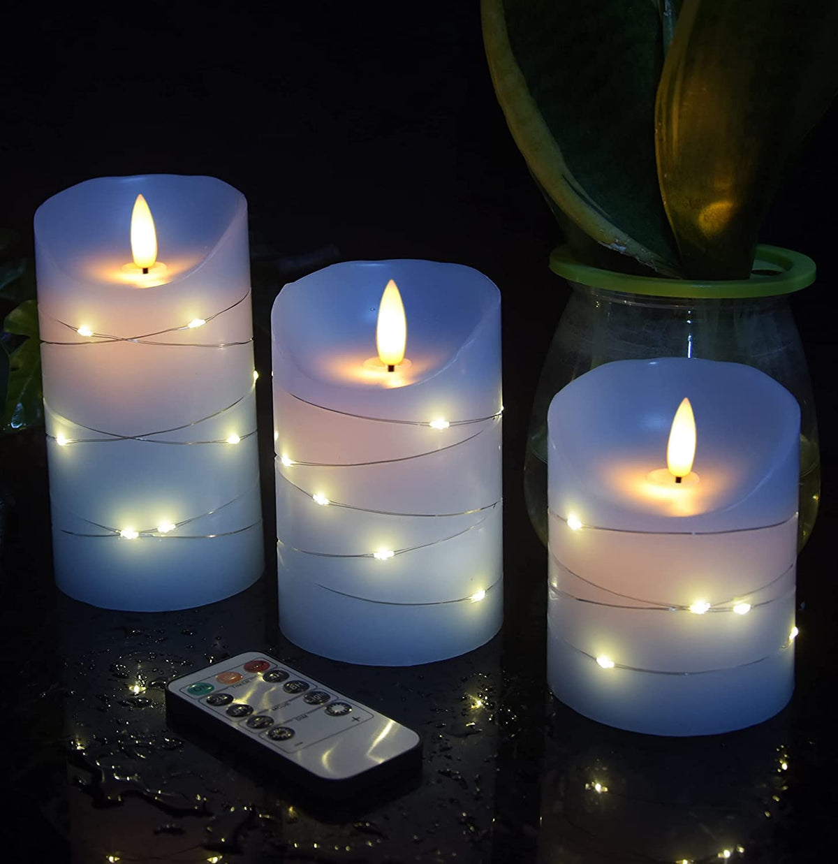 danip Sky Blue LED candle with star string close-up glow