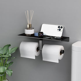 Danpoo matte black toilet paper holder with shelf close-up aluminum finish.