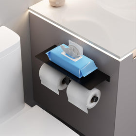 Danpoo matte black toilet paper holder with shelf dual-roll setup in use.