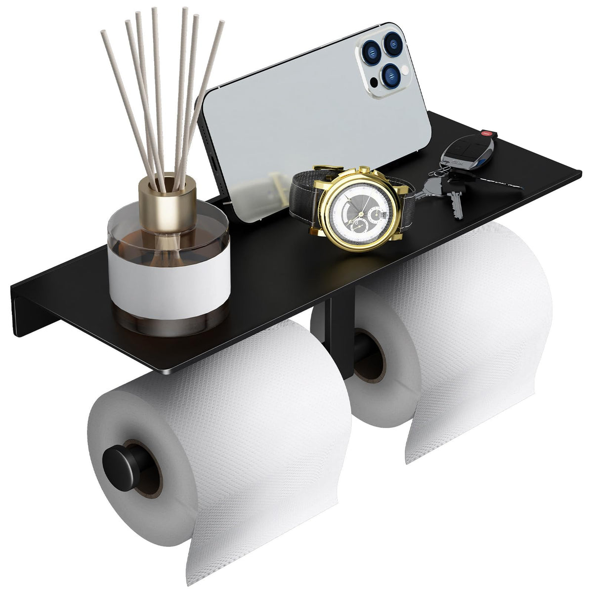Danpoo matte black toilet paper holder with shelf front view showing dual-roll design.