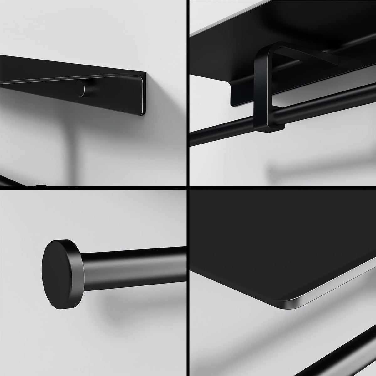 Danpoo matte black toilet paper holder with shelf in bathroom setting.
