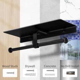 Danpoo matte black toilet paper holder with shelf packaging shown.