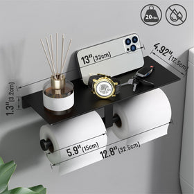 Danpoo matte black toilet paper holder with shelf top surface for accessories.