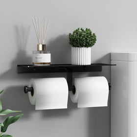 Danpoo matte black toilet paper holder with shelf wall-mount brackets.