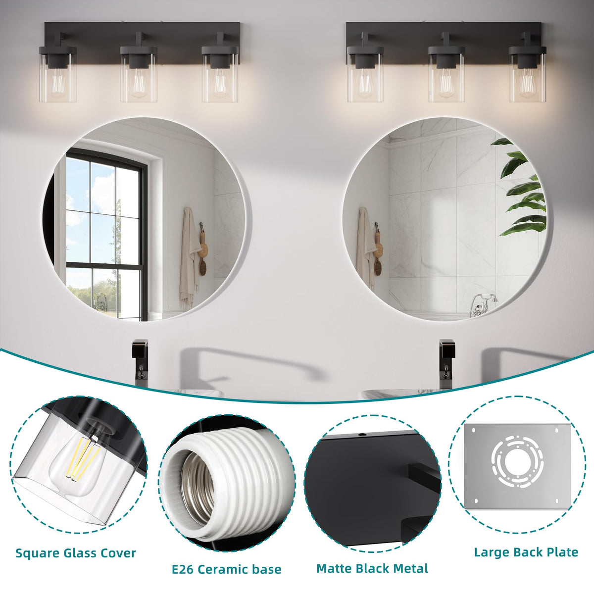 Danshinro three-light matte black fixture delivers bright, even mirror illumination.