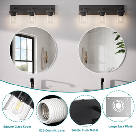 Danshinro three-light matte black fixture delivers bright, even mirror illumination.