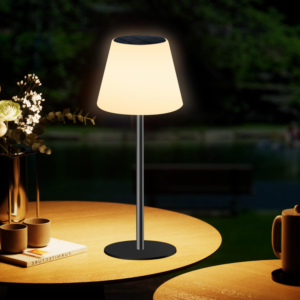 Dansny solar table lamp on a patio scene, highlighting portable, plug-free convenience.