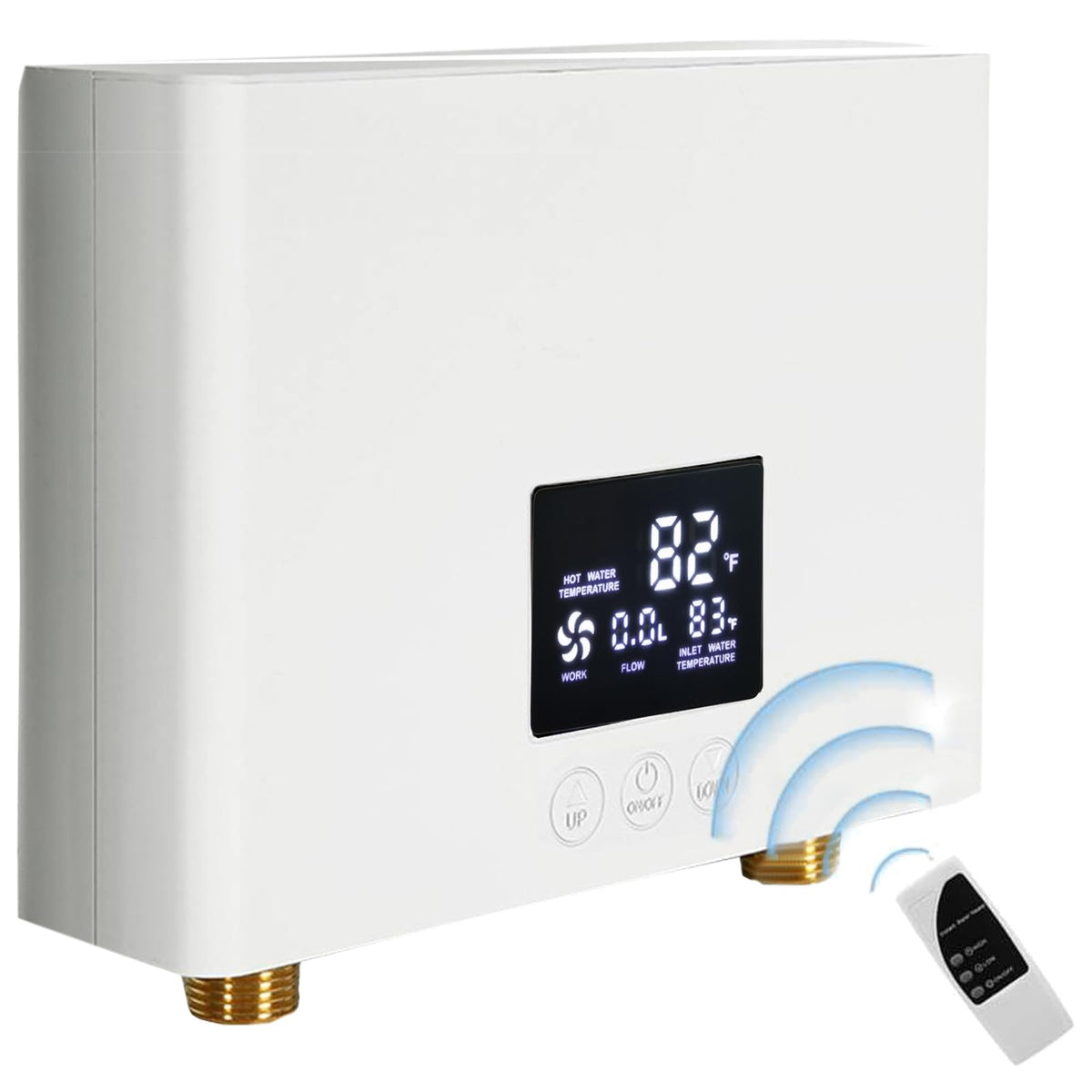 Daordaer electric tankless water heater front view with compact design and instant hot water promise.