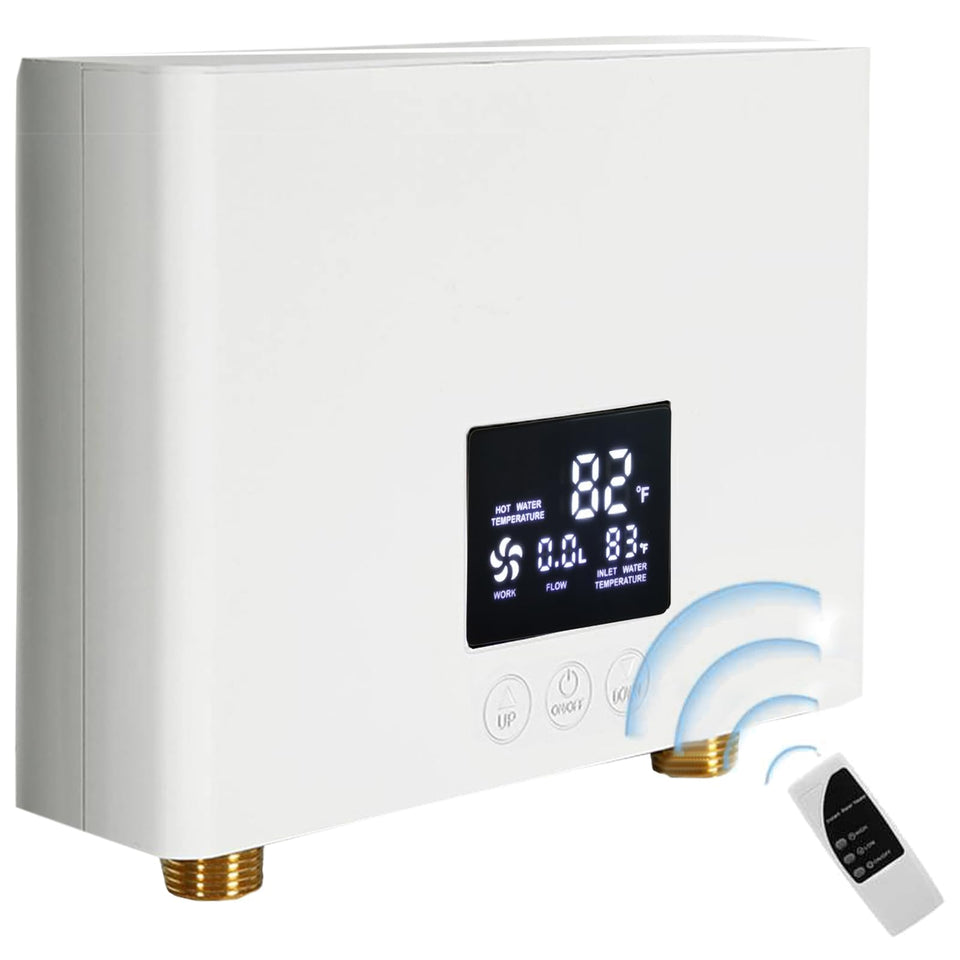 Daordaer electric tankless water heater front view with compact design and instant hot water promise.