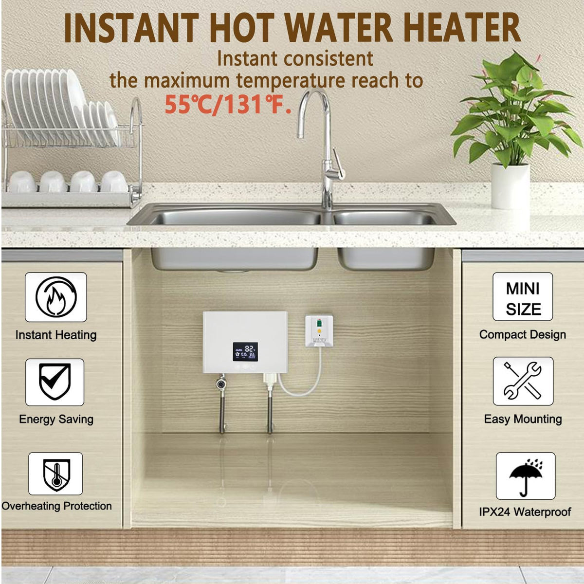 Daordaer tankless water heater digital display demonstrates precise temperature control for comfort.
