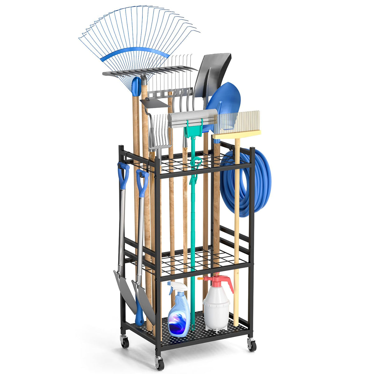 DAOUTIME garden organizer with wheels shows portable yard storage.