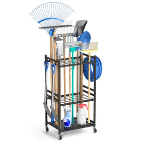 DAOUTIME garden organizer with wheels shows portable yard storage.