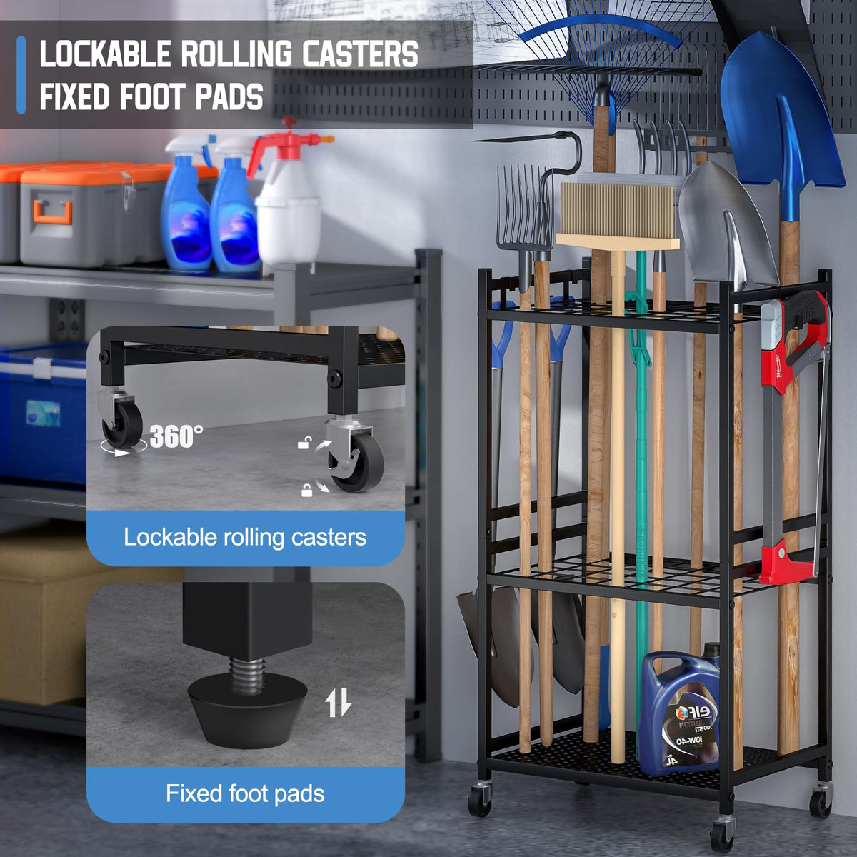DAOUTIME movable hooks illustrate flexible hanging options for tools.