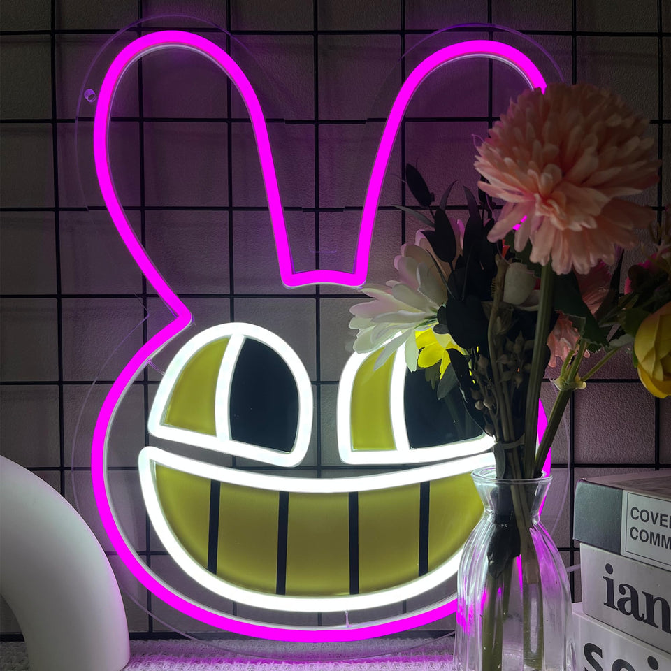 DAOXUZO Jax neon sign wall light illuminates bedroom with vibrant digital circus aesthetic.