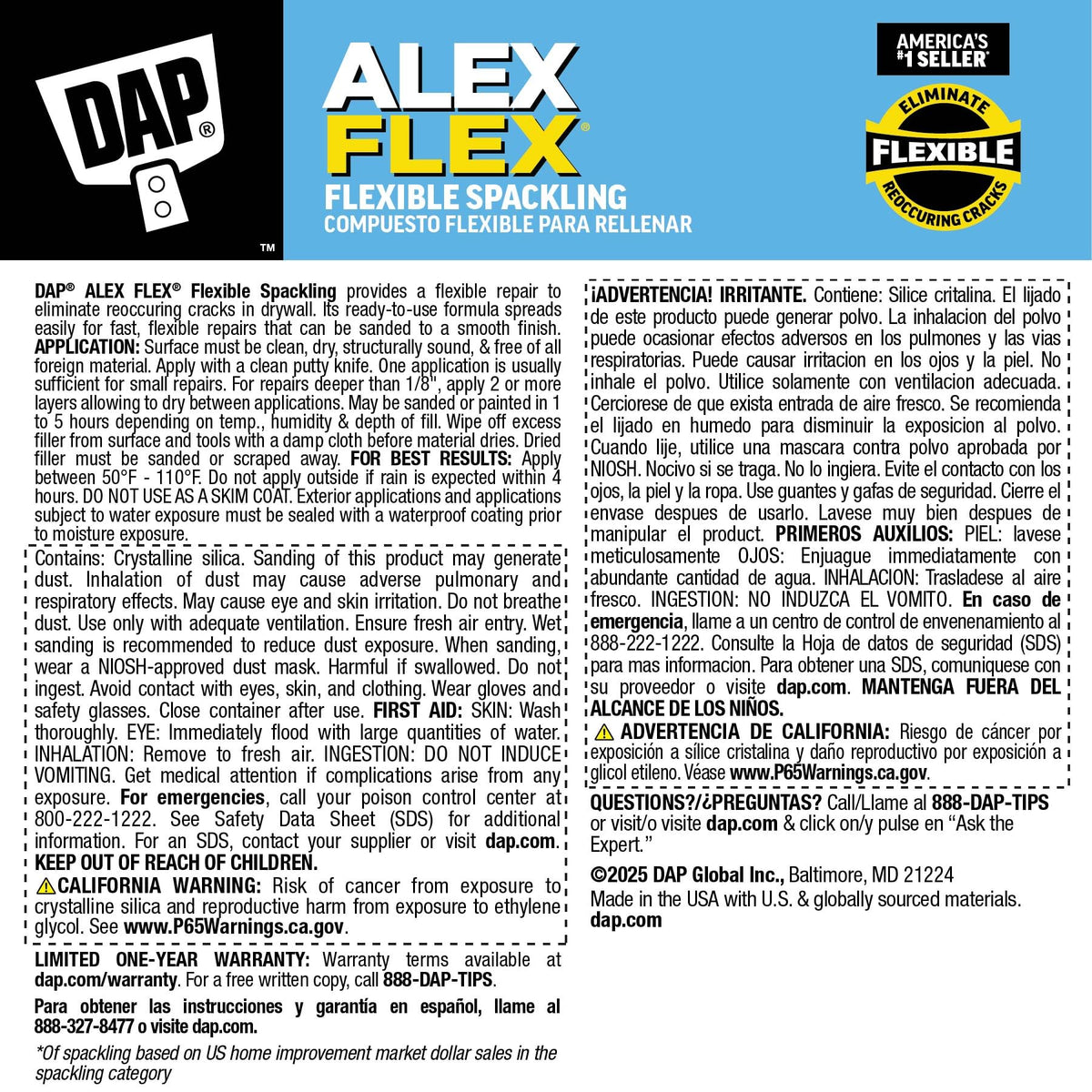 DAP Alex Flex spackling paint-ready finish supports easy color matching